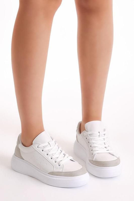 Women's White Gray Poly Sole Lace-up Sneakers