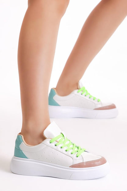 Women's White Green Poly Sole Lace-up Sneakers