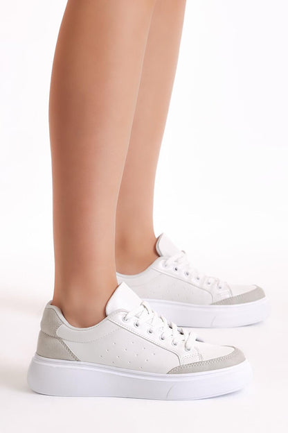 Women's White Gray Poly Sole Lace-up Sneakers