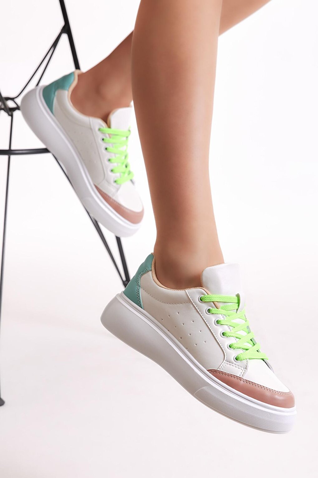 Women's White Green Poly Sole Lace-up Sneakers