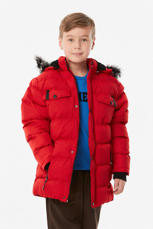 Hooded Boy's Coat with Zippered Pocket and Flap