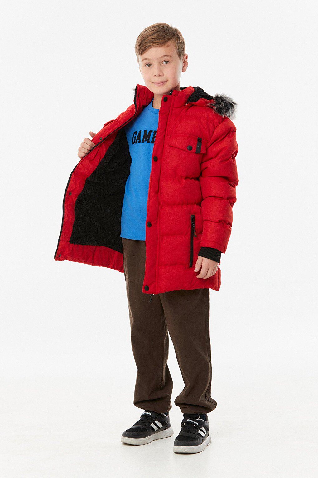 Hooded Boy's Coat with Zippered Pocket and Flap