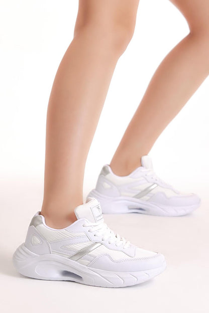 Women's White Nylon Sole Stripe Lace-Up Sneakers