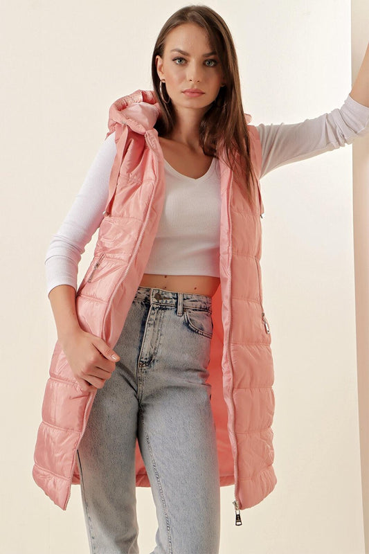 5140 Hooded Long Puffer Vest - Pink