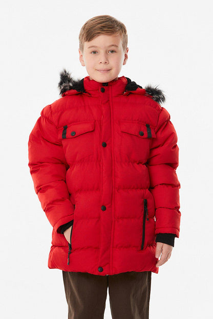 Hooded Boy's Coat with Zippered Pocket and Flap