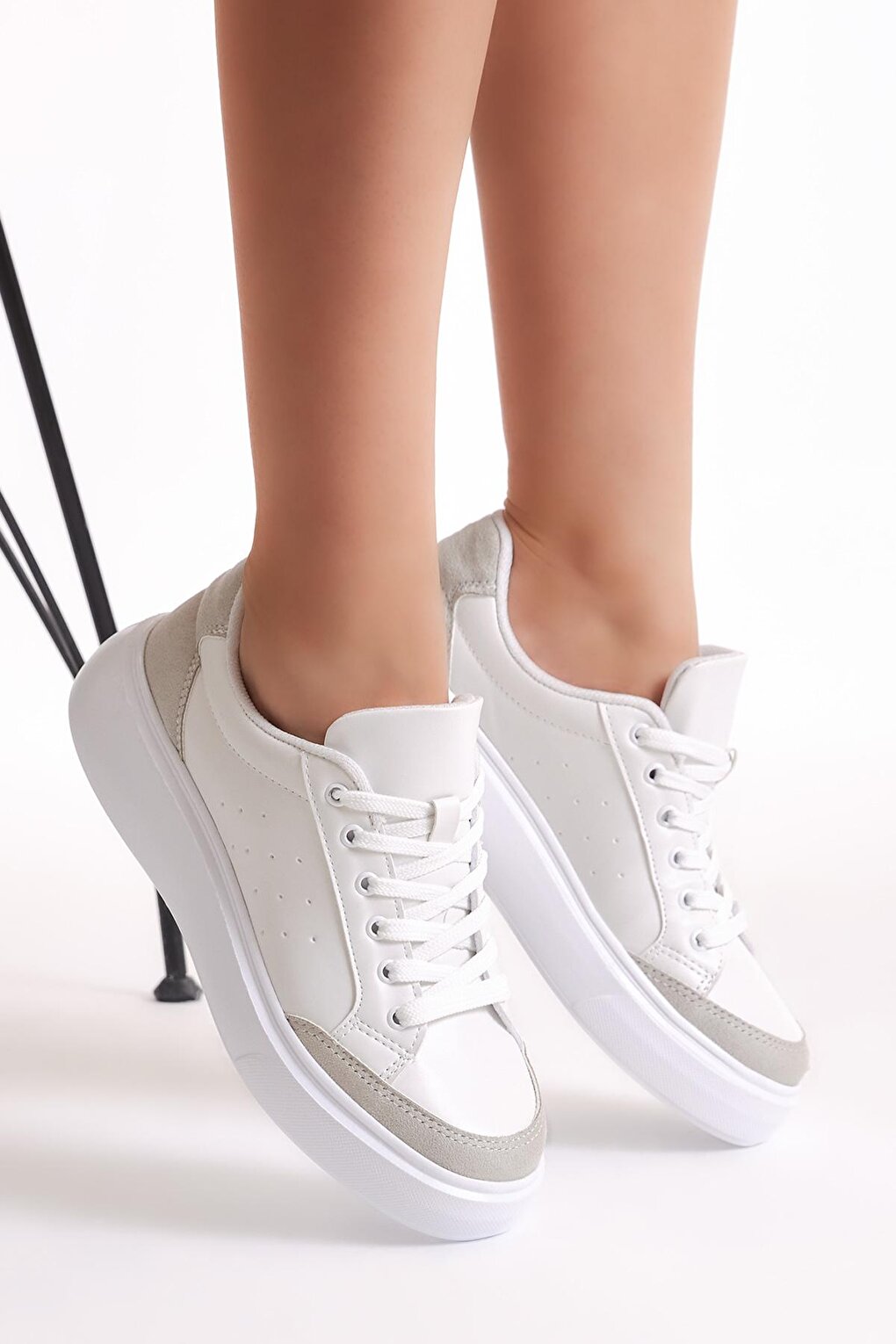 Women's White Gray Poly Sole Lace-up Sneakers