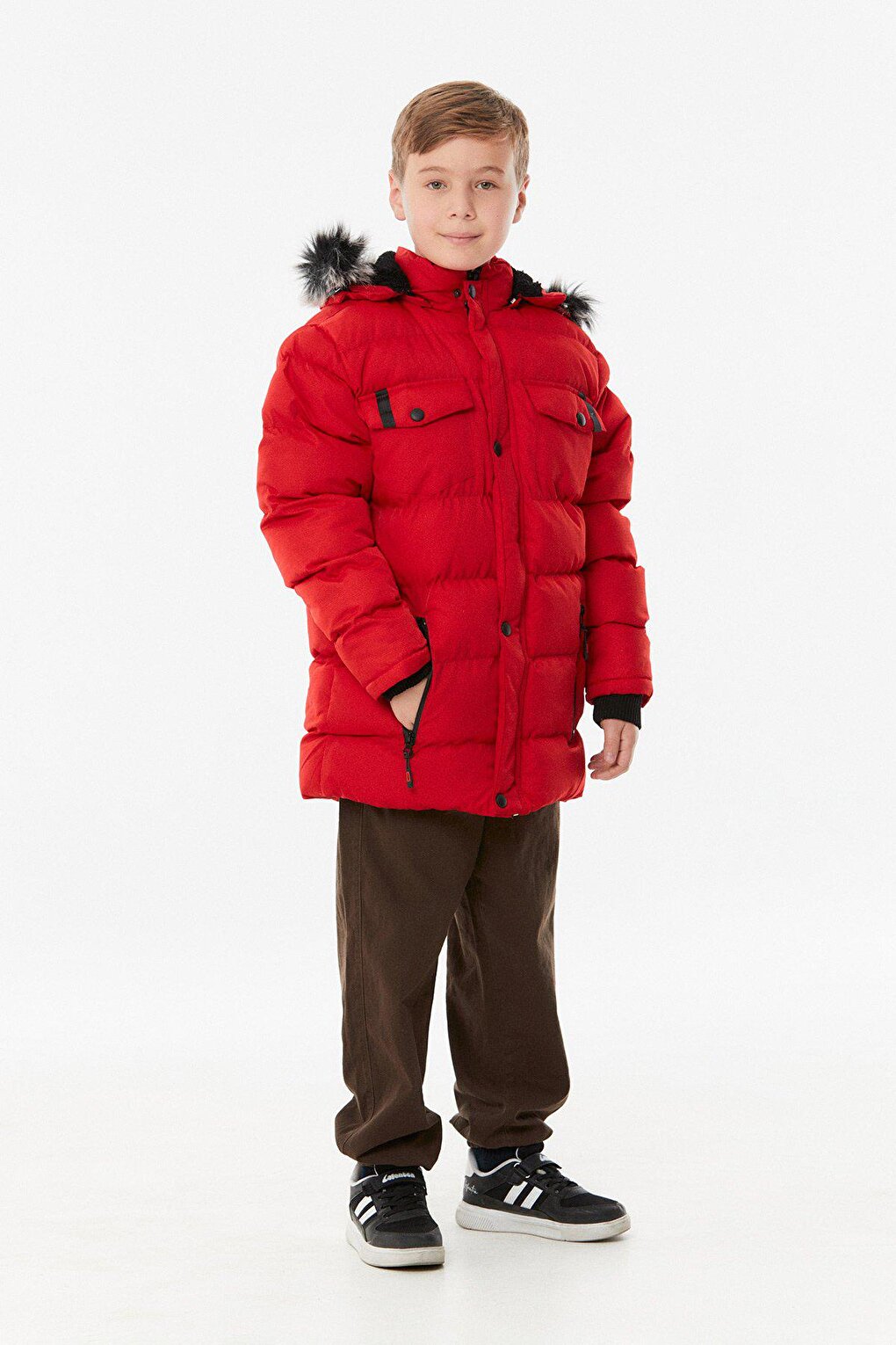 Hooded Boy's Coat with Zippered Pocket and Flap