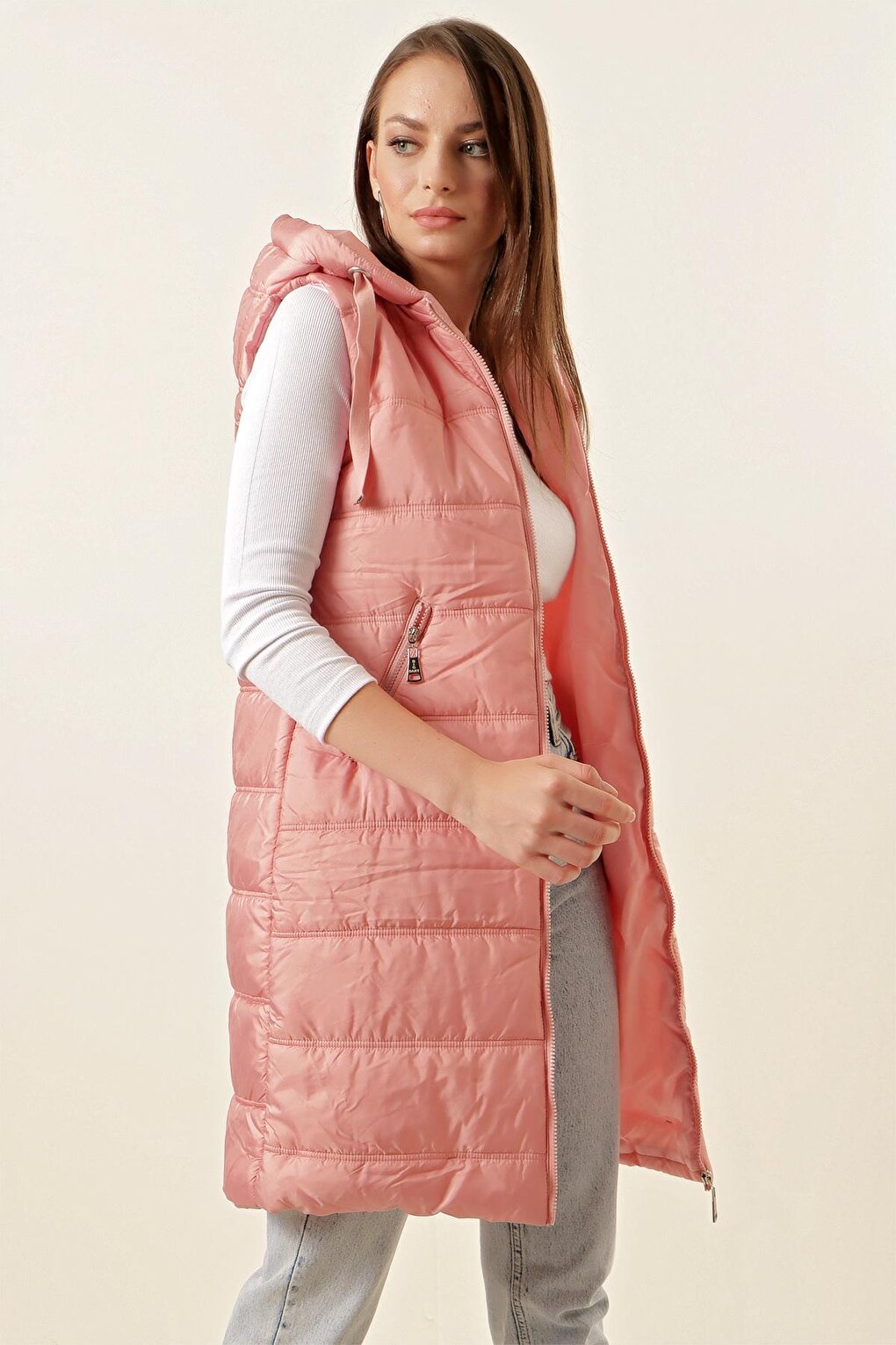 5140 Hooded Long Puffer Vest - Pink