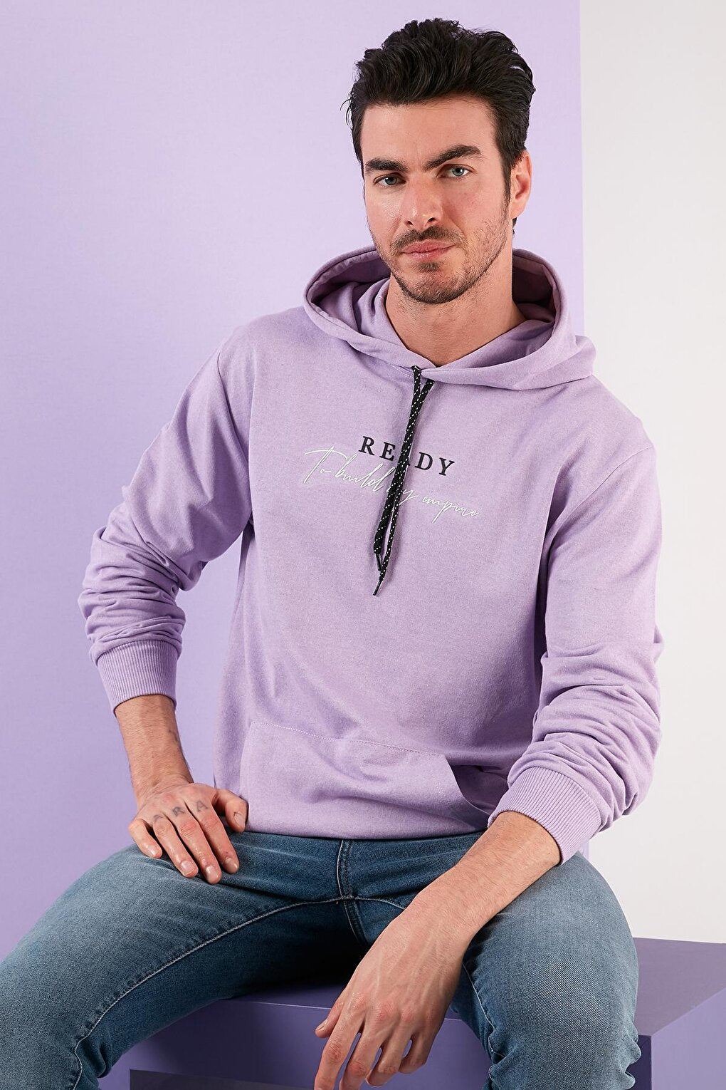 Slim Fit Printed Hooded Kangaroo Pocket Cotton Sweat 5414020