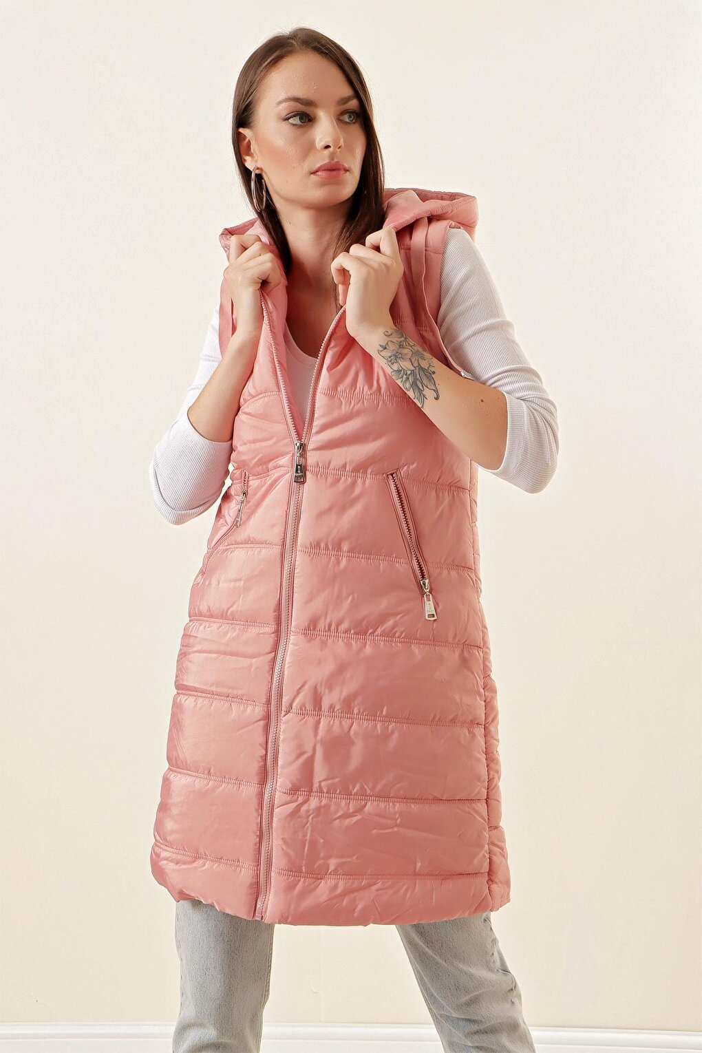 5140 Hooded Long Puffer Vest - Pink