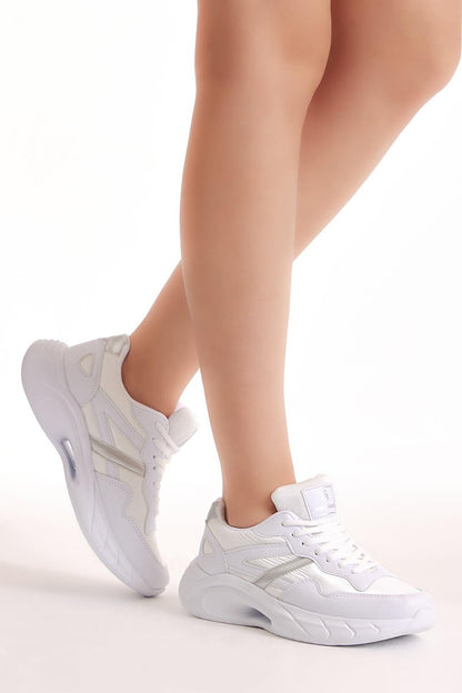 Women's White Nylon Sole Stripe Lace-Up Sneakers