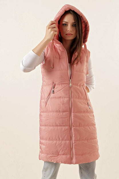 5140 Hooded Long Puffer Vest - Pink