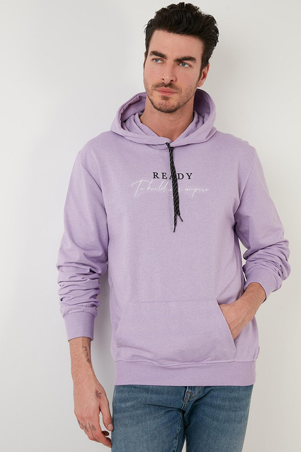 Slim Fit Printed Hooded Kangaroo Pocket Cotton Sweat 5414020