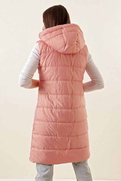 5140 Hooded Long Puffer Vest - Pink