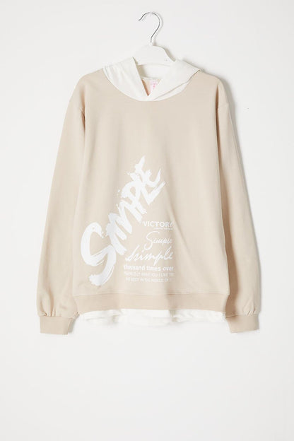 Cream Simple Letter Print Hooded Girls Sweatshirt 16597