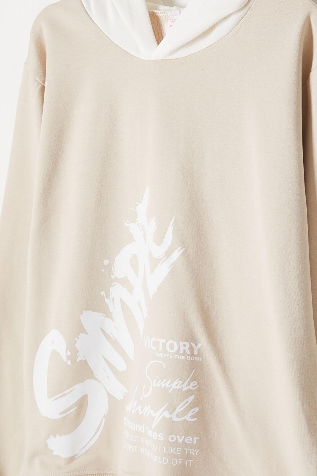 Cream Simple Letter Print Hooded Girls Sweatshirt 16597