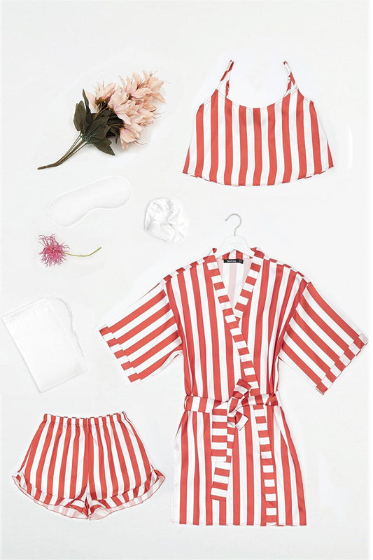 6-Piece Red and White Striped Satin Dressing Gown Tool Shorts Set