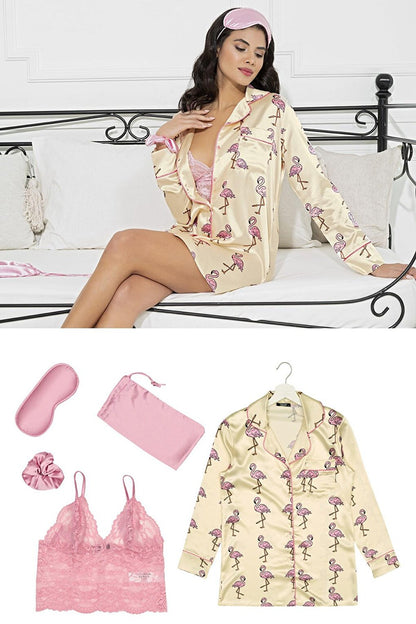 Satin 5-piece Flemingo Patterned Nightshirt Set