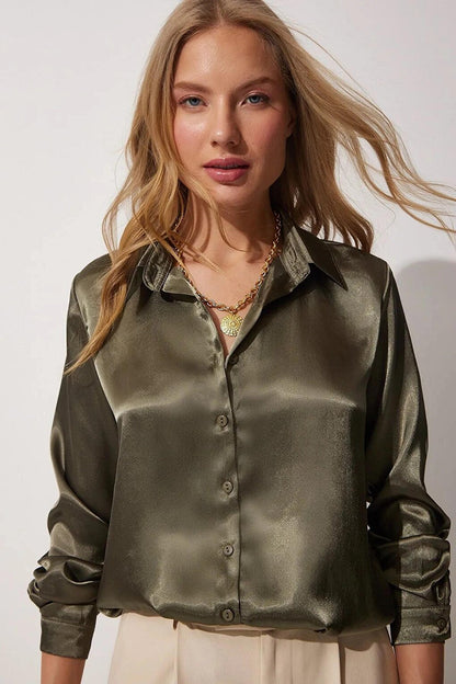 Dark Khaki Draped Viscose Basic Satin Shirt