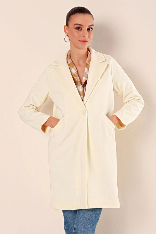 Cream Single Button Pocketed Cashmere Coat