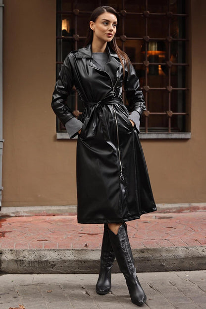 Black Double Breasted Collar Belted Zipper Leather Trench Coat