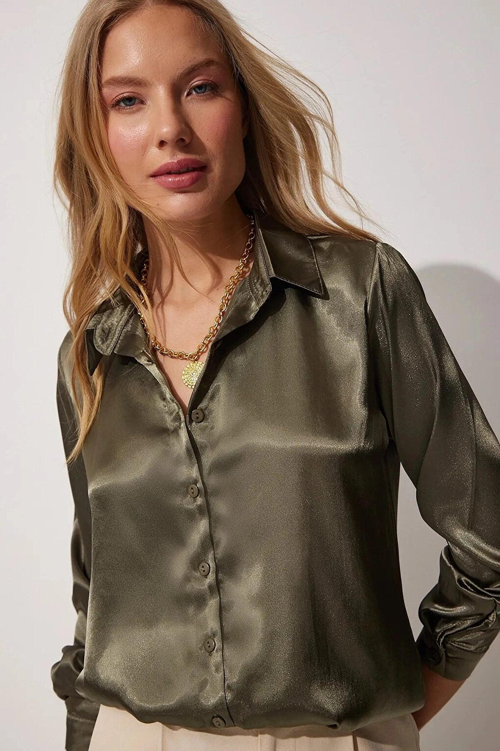 Dark Khaki Draped Viscose Basic Satin Shirt