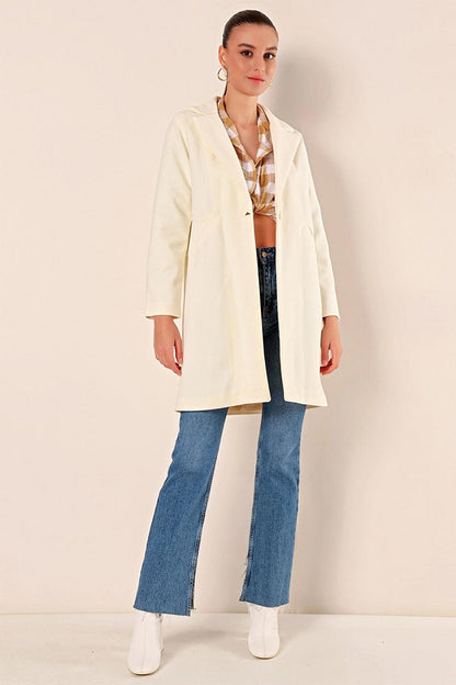 Cream Single Button Pocketed Cashmere Coat