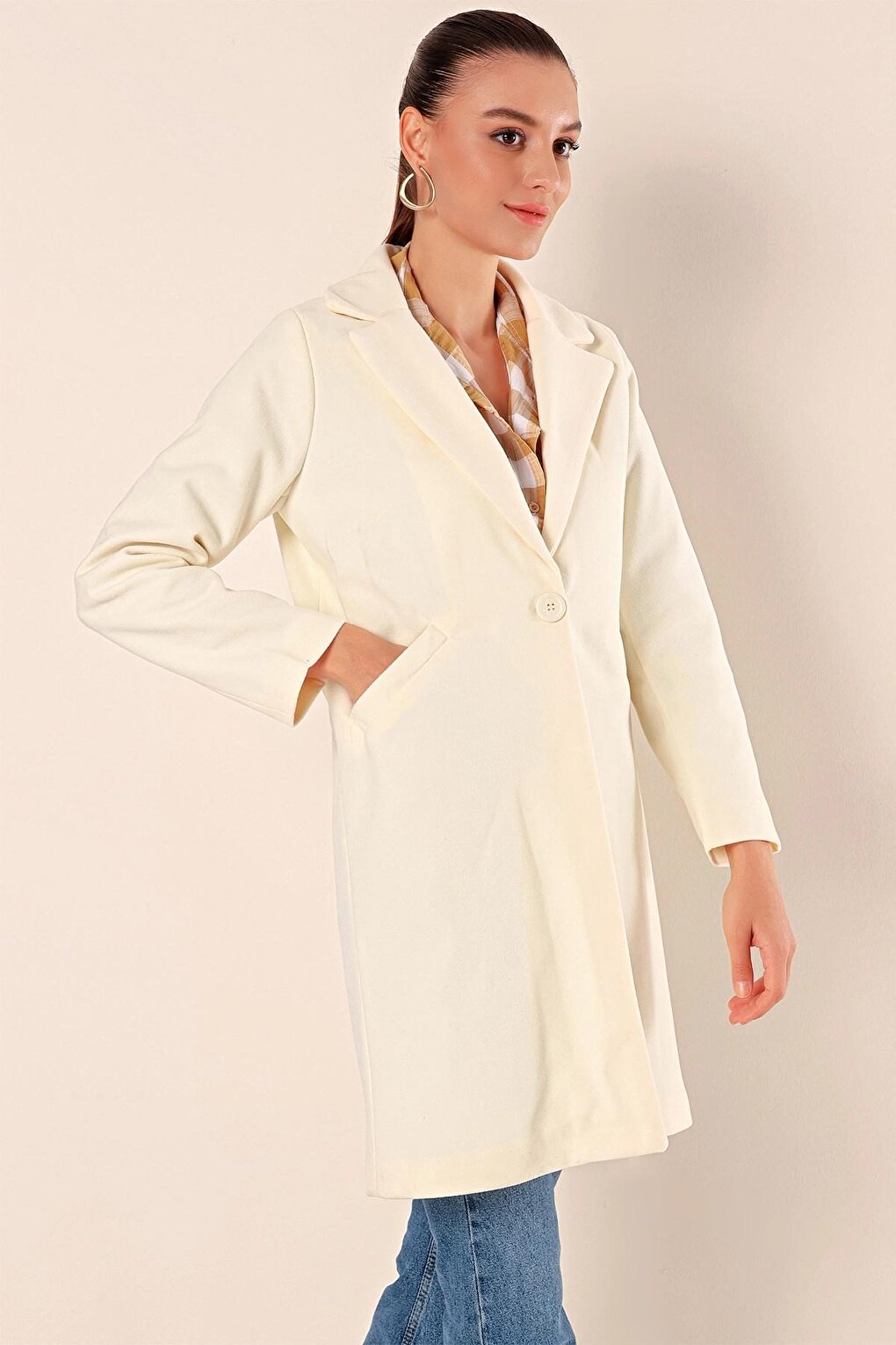 Cream Single Button Pocketed Cashmere Coat