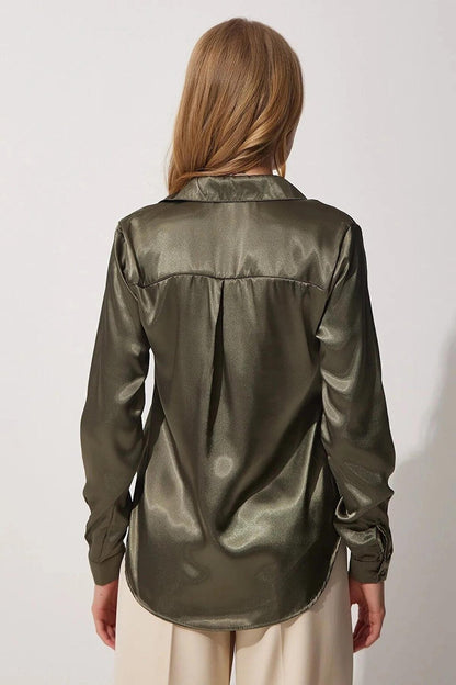 Dark Khaki Draped Viscose Basic Satin Shirt