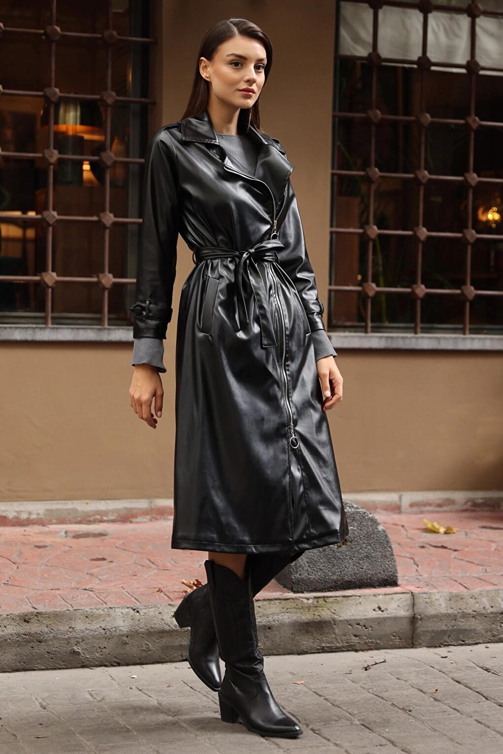 Black Double Breasted Collar Belted Zipper Leather Trench Coat