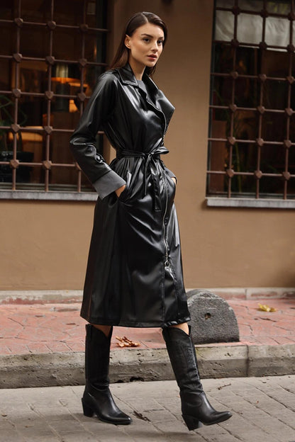 Black Double Breasted Collar Belted Zipper Leather Trench Coat