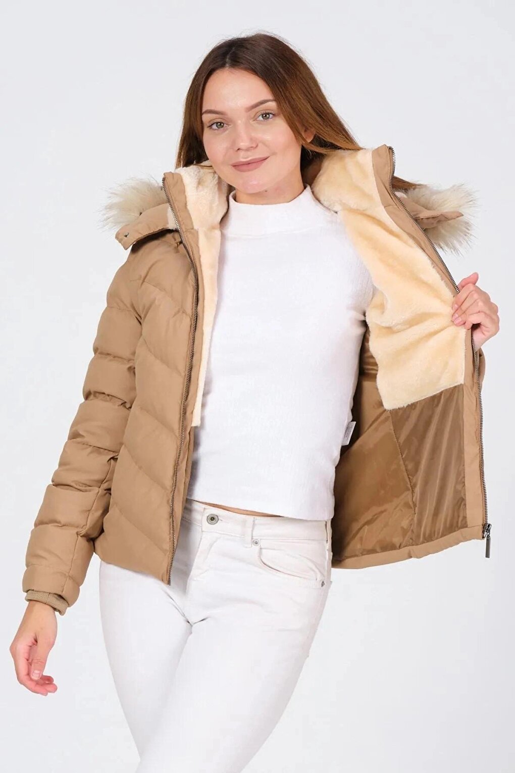 Mink Hooded Zippered Short Puffer Coat