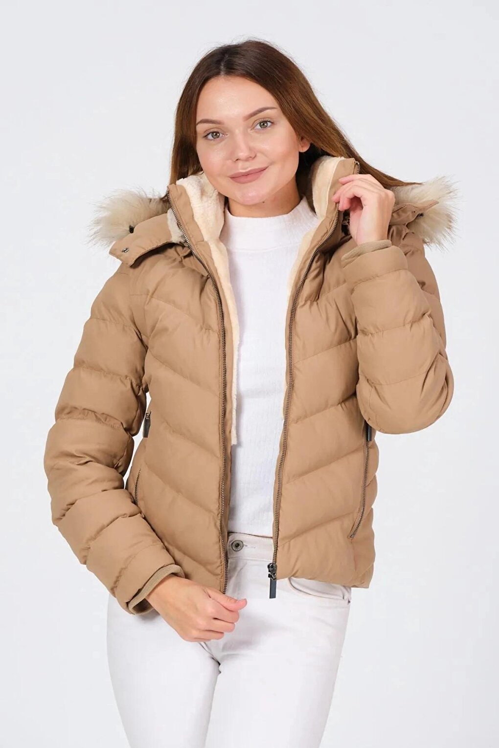 Mink Hooded Zippered Short Puffer Coat