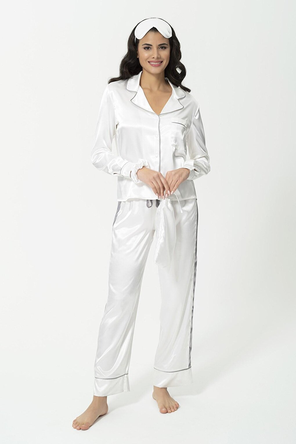 5-Piece Satin Gray Piped Striped Ecru Pajama Set