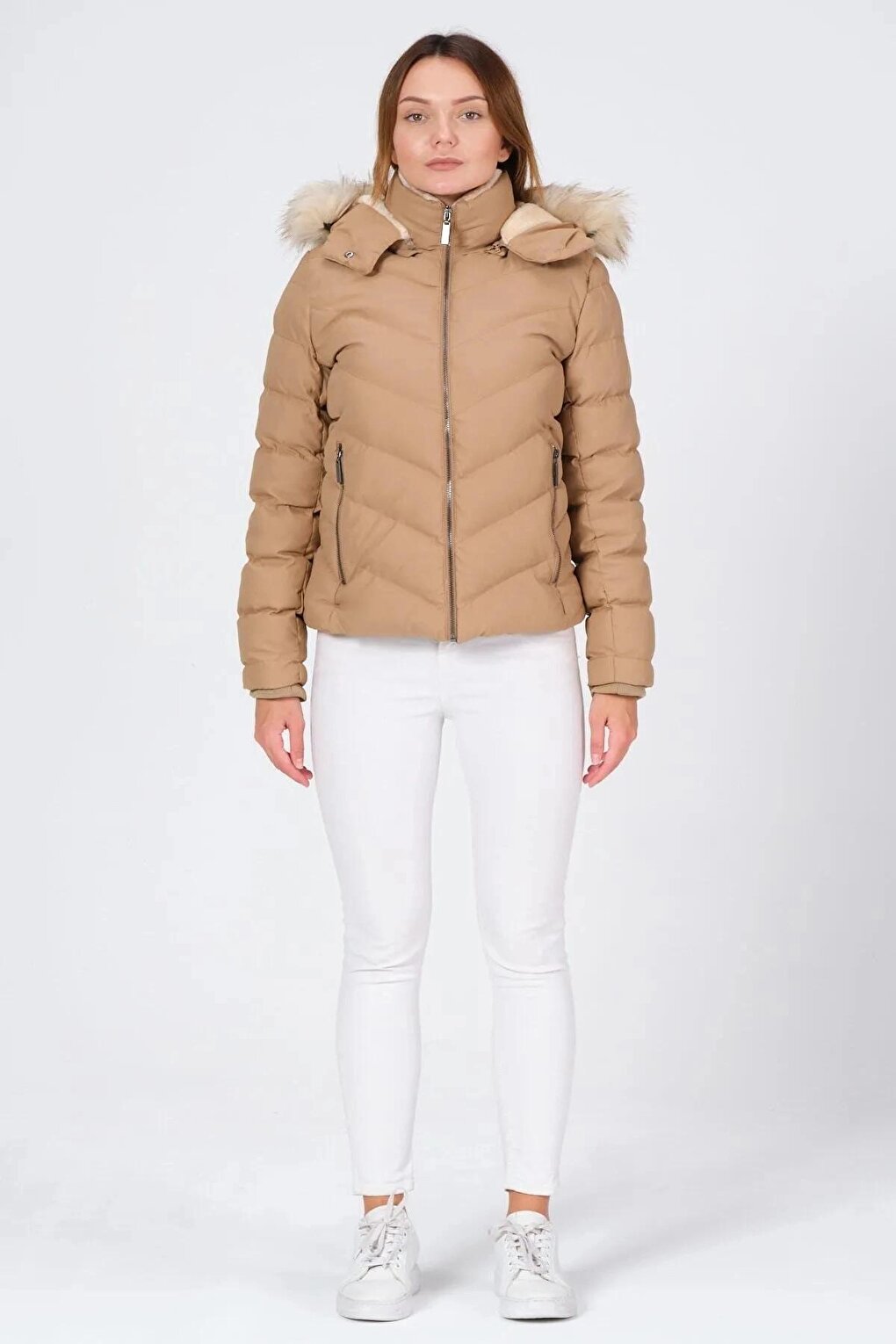 Mink Hooded Zippered Short Puffer Coat