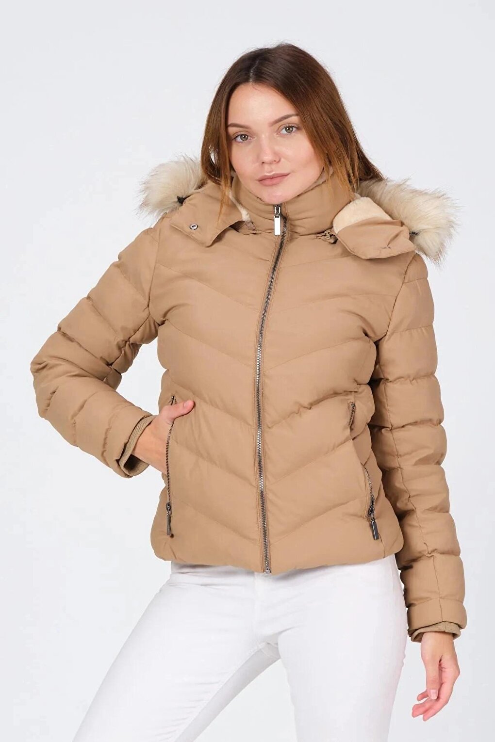 Mink Hooded Zippered Short Puffer Coat