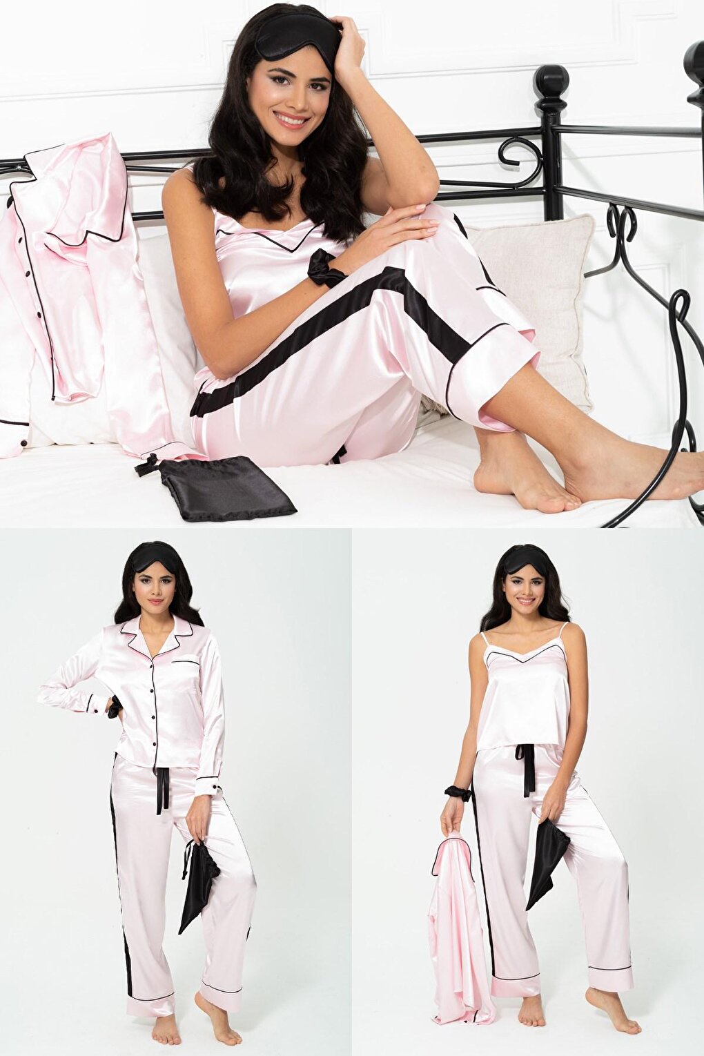 6-Piece Satin Black Piping Striped Pink Pajama Set