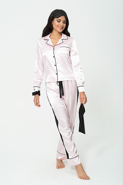 6-Piece Satin Black Piping Striped Pink Pajama Set