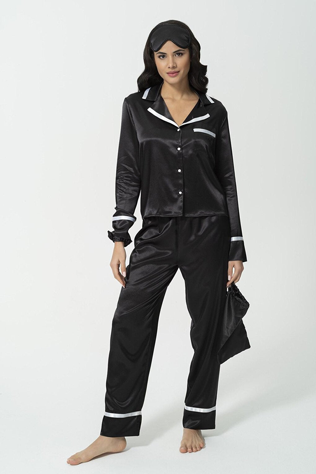 5-Piece Satin White Striped Black Pajama Set