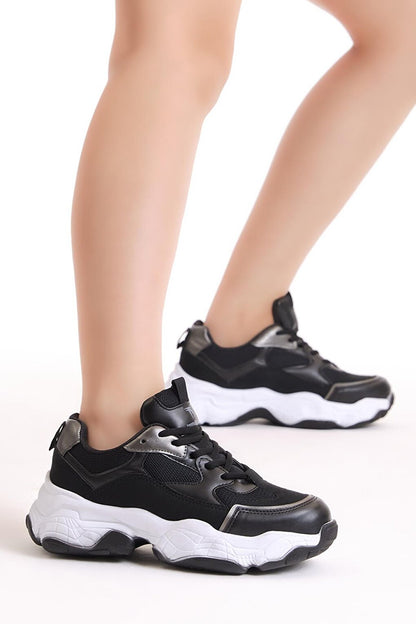 Women's Black White Poly Sole Breathable Fabric Lace-up Sneaker