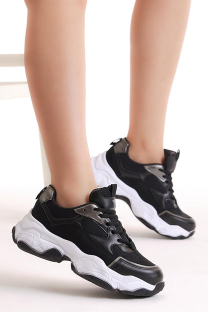 Women's Black White Poly Sole Breathable Fabric Lace-up Sneaker