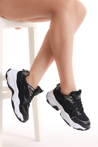 Women's Black White Poly Sole Breathable Fabric Lace-up Sneaker