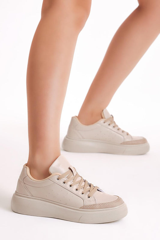 Women's Beige Poly Sole Lace-up Sneakers