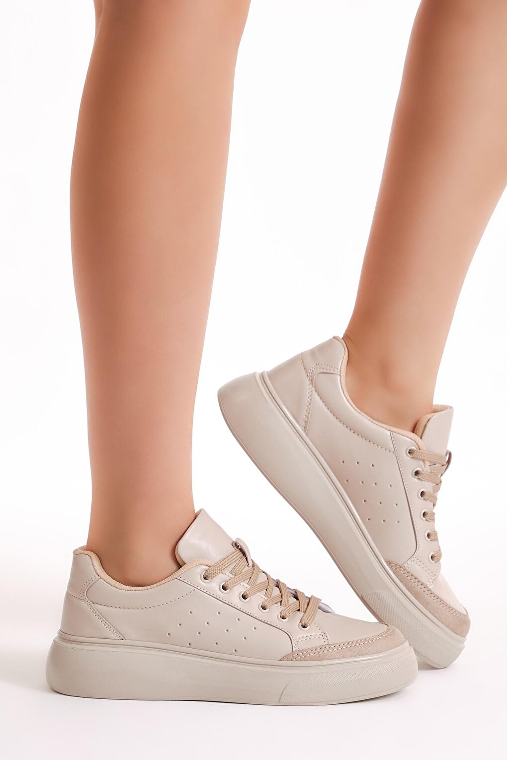 Women's Beige Poly Sole Lace-up Sneakers