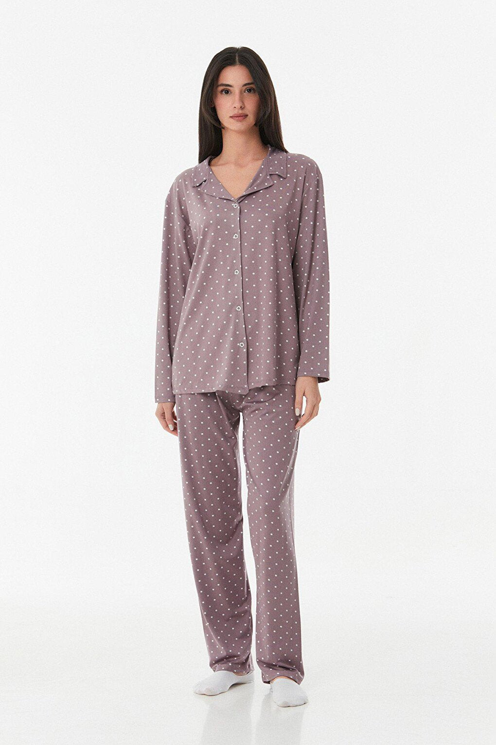 Polka Dot Shirt Collar Pajama Set