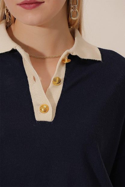 Two-Tone Gold Buttoned Knitwear Crop BLOUSE