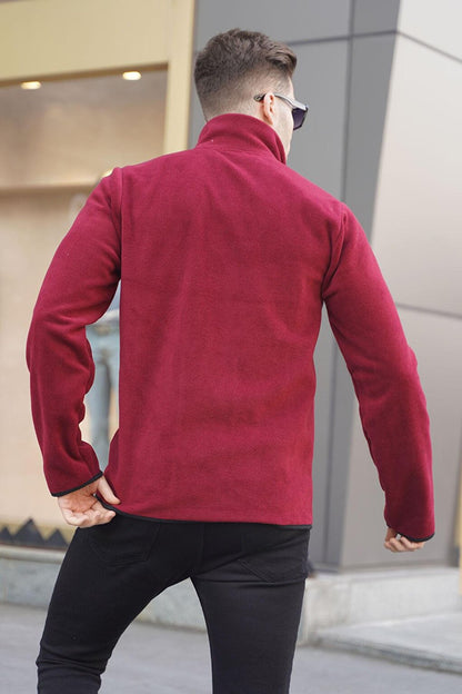 Men's Burgundy Stand-up Collar Anti-Pilling Stand-up Collar Zippered Fleece Sweatshirt 6045