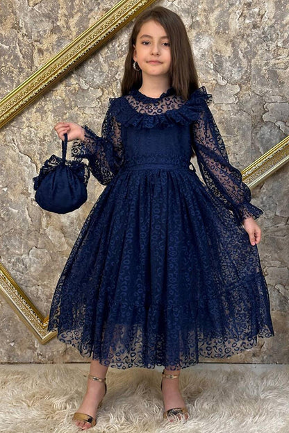 Girl's Frilly Collar, Transparent Detailed, Patterned Navy Blue Dress 6-9 Years