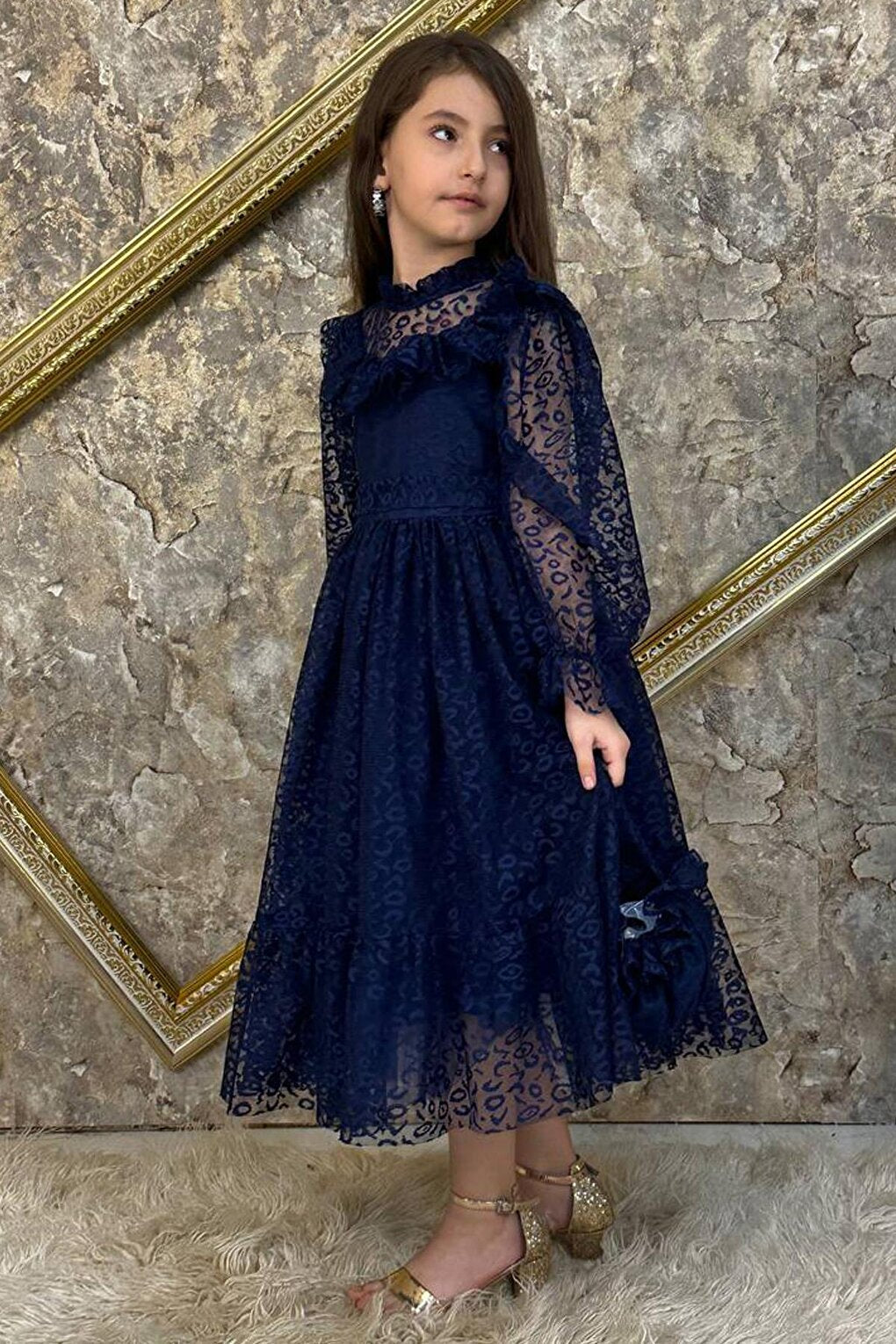 Girl's Frilly Collar, Transparent Detailed, Patterned Navy Blue Dress 6-9 Years