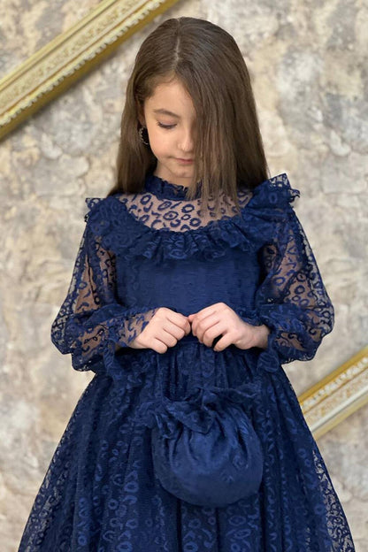 Girl's Frilly Collar, Transparent Detailed, Patterned Navy Blue Dress 6-9 Years